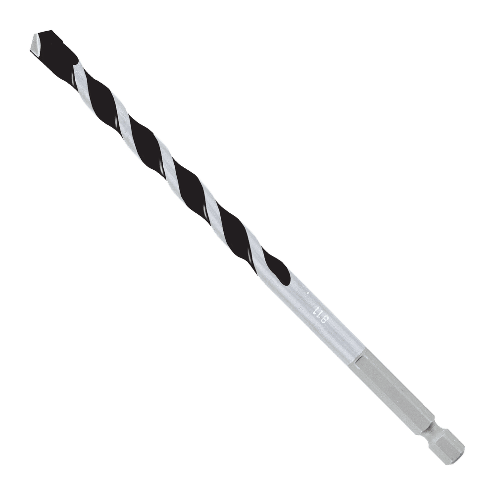 The DIABLO DMAMM1070 drill bit in silver and black features a Grip Point tip, spiral groove design, hexagonal base for easy attachment, and Impact Strong™ build for durability, showcased against a plain white background.